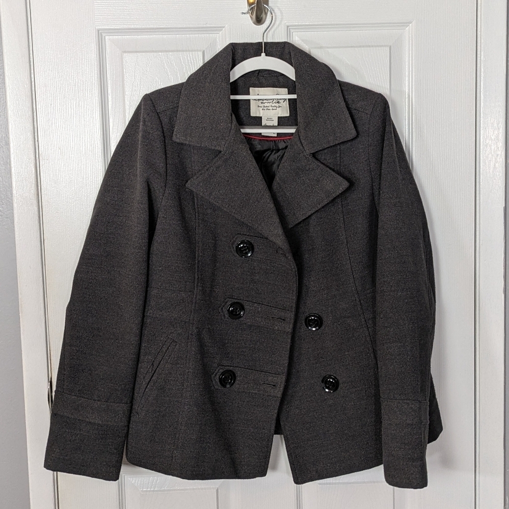 Preppy American Rag Double Breasted Grey Pea Coat Women's Size Large *FLAW*